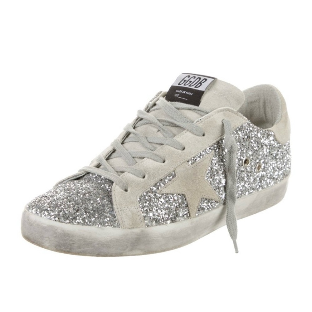 Golden Goose Super-Star Sneakers - Silver Glitter and Gray Suede (size EU 40)